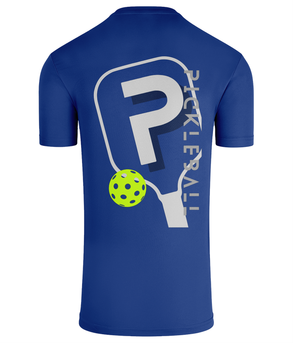 A blue unisex performance pickleball t-shirt with paddle graphics in white and yellow, showing the back view with a paddle design and a pickleball.